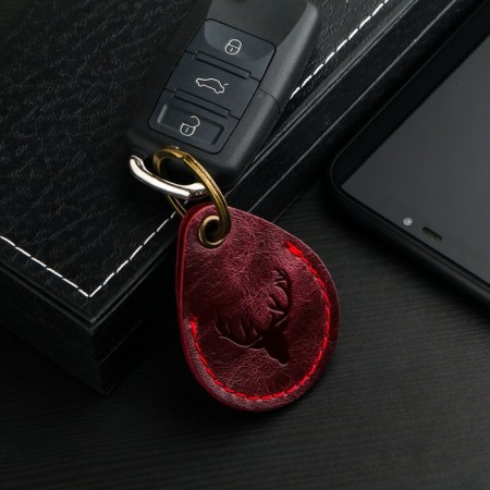 Key leather keychain, label, drop, genuine leather, burgundy, deer-1