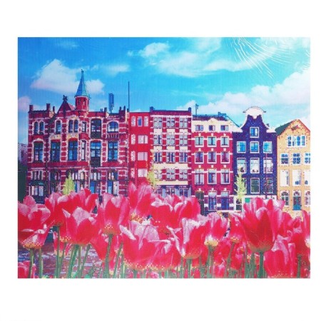 Diamond mosaic with a partial filling on the subframe "House with tulips", 50 x 60 cm-2