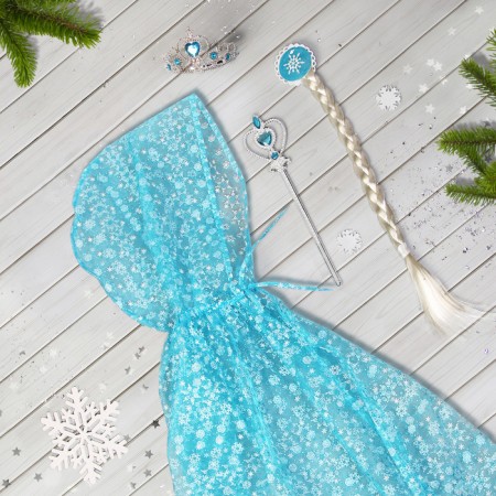 Elsa carnival set, organza raincoat, braid, rod, crown, length 100 cm-3