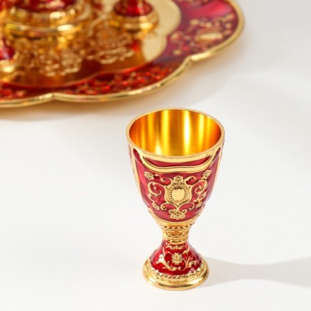 Set of wine jug, 6 glasses and tray "Türkiye. Flowers and patterns" red with gold-2