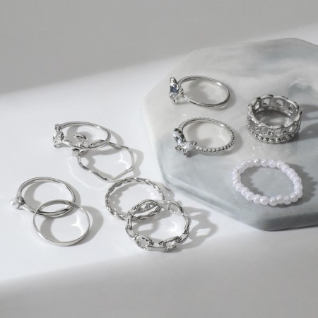 Set of rings 10 pieces "trend" summer, white color in silver, size mix-1