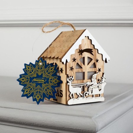 Christmas tree toy "House with Santa Claus on the sled", from batteries, glow warm white-3