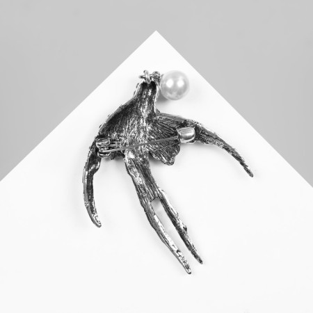 Brooch "Swallow with Pearl", black and white color in silver-1