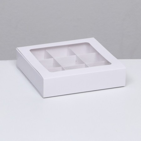 Box for 9 sweets with a shell, with a window, with thin dividers, white 14.7x14.7x3.4 cm-1