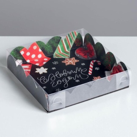 Box for confectionery products with PVC Happy New Year, 13 x 13 x 3 cm, new year-1