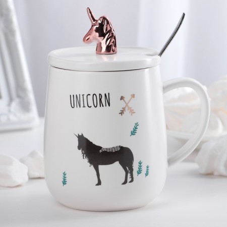 Ceramic mug with a lid and spoon "Golden Horn", 450 ml, color mix-8