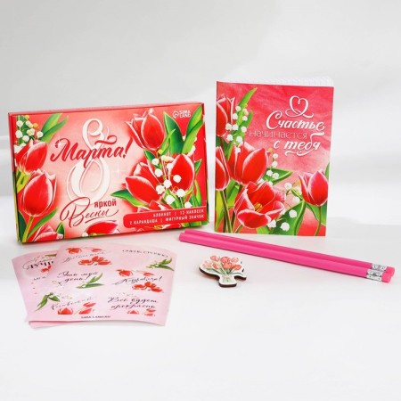 Gift set "March 8" A6 notebook, icon, stickers and pencils 2 pcs