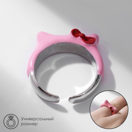 Ring "Montstrik" ears with a bow, pink color in silver, dimensionless