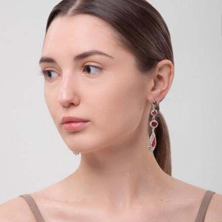 Hanging earrings with “evening” rhinestones, white-red color in silver, 7 cm-4