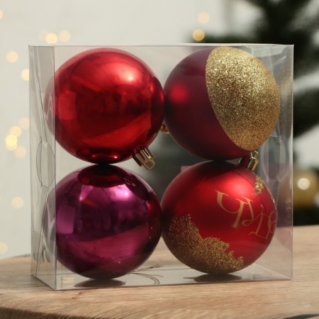 New Year's Christmas Balls, for the New Year, plastic, d = 8, 4 pcs., Wine, red and gold color-3