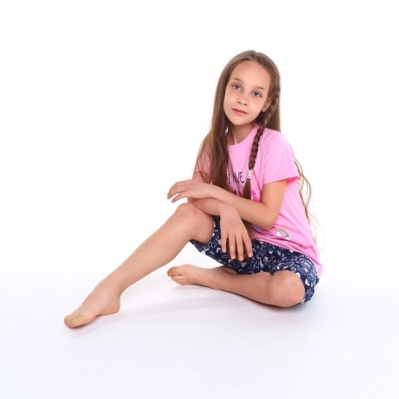 Pajamas (T -shirt, breeches) for girls, pink/blue color, height 122 cm-6