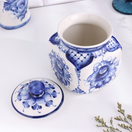Bank for bulk "flowers", small, gzhel-2