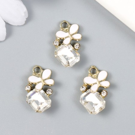 Decor for creativity metal, enamel, rhinestones "White butterfly on the crystal" gold 1.4x2.1 cm-2