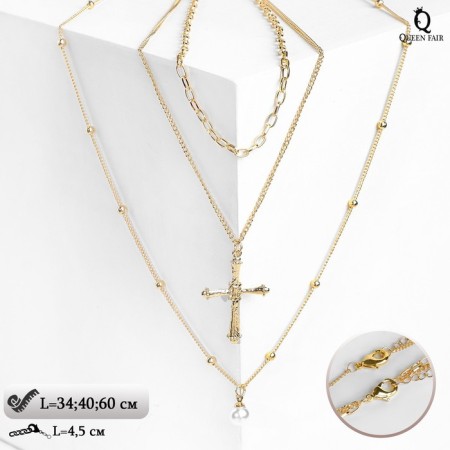 Piece "chain" Cross with pearls, white color in gold, l = 60 cm