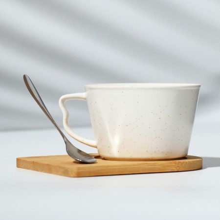 Ceramic mug on a stand with a spoon of “cozy winter”, 230 ml, beige color-4