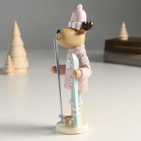 Polystone souvenir "Losik in a pink sweater and hat, with skis" 7.3x5x17.5 cm-3