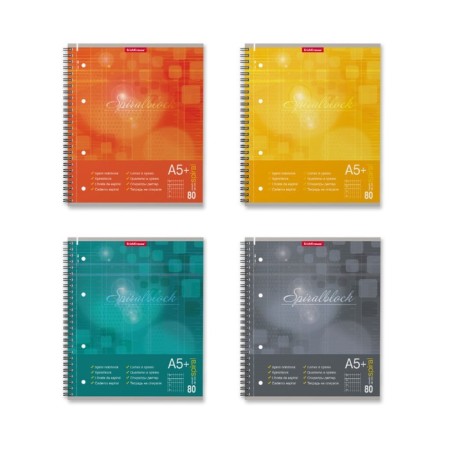 A notebook of 80 sheets cage on a spiral Erichkrause Spiralblock, cover coated cardboard, tough substrate, offset block, perforation, white 100%, mix