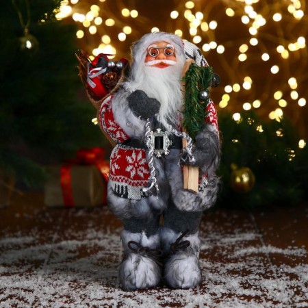 Santa Claus "In a white-red fur coat with a strap, with skis" 30 cm