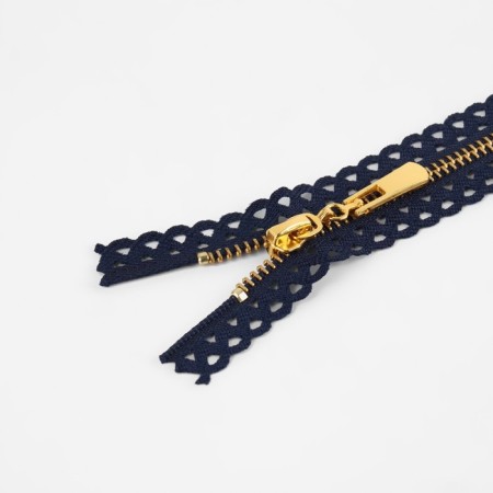 Metal zipper, No. 3, non-proceeding, automatic lock, 30 cm, dark blue/gold color-1