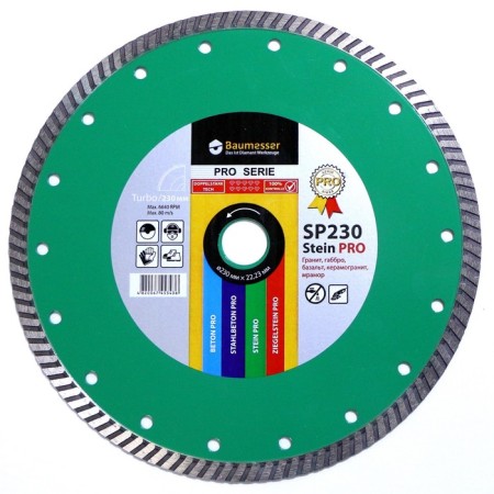 Diamond disk solid Baumesser Turbo Stein Pro, dry cut, 230 x 2.6 x 22.2 mm