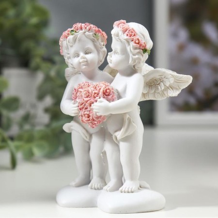 Polystone souvenir "Angels in pink wreaths with heart from roses" 10x8.5x5.5 cm-2