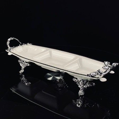 Menzhitsa with handles Lenardi Atlantis, on legs, porcelain, length 35.5 cm