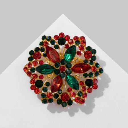 Brooch "Flower" double petals, red-green color in matte gold-1