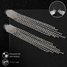 Hanging earrings with Hollywood rhinestones waterfall of threads, white color in silver, 11 cm
