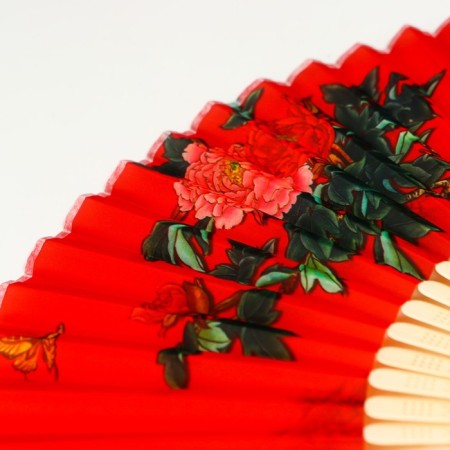 Fan Bamboo, Textile H = 23 cm "Ventka with roses" red, with a brush-3