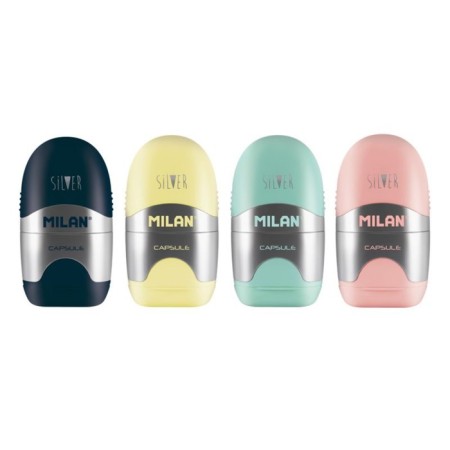 Milan Capsule Silver sharpener, 1 hole with a container, with an eraser, mix