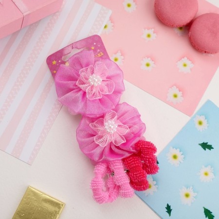 Hair elastic band "Lace" (set 6 pcs) volumetric flower, pink