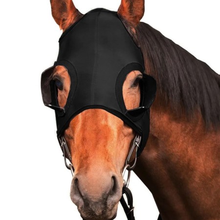 A mask for a horse with a limiter of vision, black