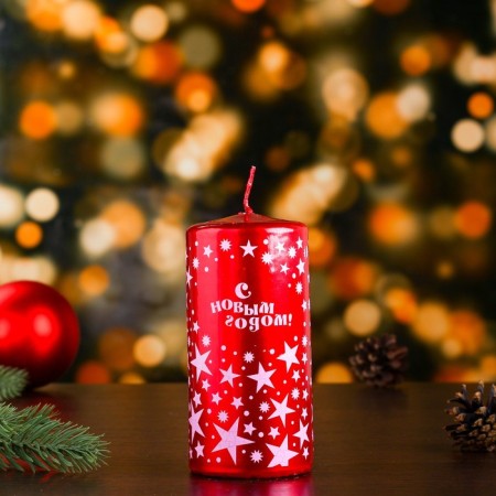 New Year's Candle-Cylinder "New Year's Patterns No. 2", 12.5x6 cm, 35 hours, 275 g, red with white