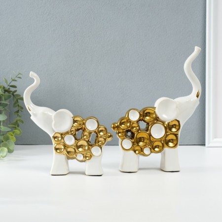 Souvenir Ceramics "Two Elephants - Bubbles" White with gold set 2 pcs 4x17x18 5x16.5x22 cm-1