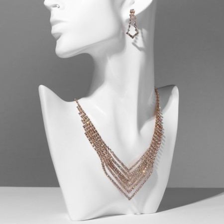 Set 2 objects: earrings, necklace "ice", 6 rows, white color in gold, 34 cm