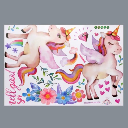 Sticker Plastic Interior color "Unicorns with flowers, hearts, rainbow" 60x90 cm-1