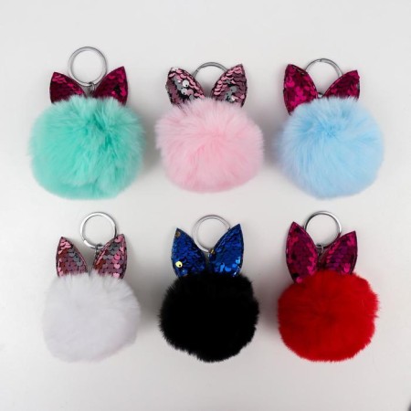 Fluffy on the ring "Ball with ears" sequin mix 10x7x7 cm-3