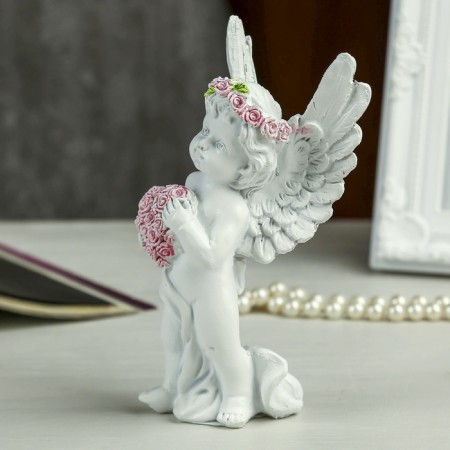Souvenir Polystone "Angel in a pink wreath with a heart from roses" MIX 15x7.8x5.5 cm-3