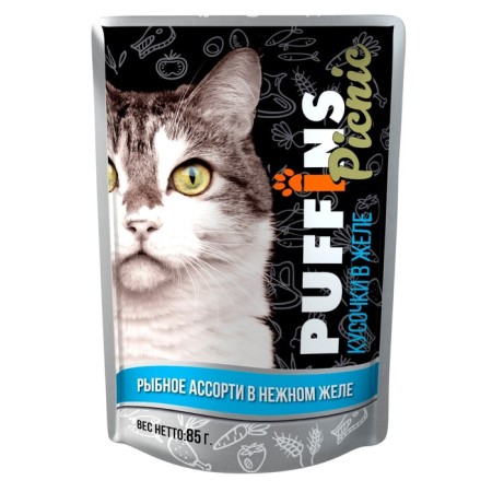 Wet food "Puffins Picnic" for cats, fish assorted in jelly 85 g