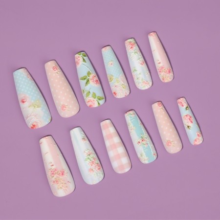 Frighting Nails Provence, 12 pcs, with adhesive plates, ballerina shape, beige/blue color-2