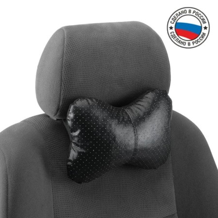 Car bone pillow, on a headrest, eco -leather perforated, black 16x24 cm-1
