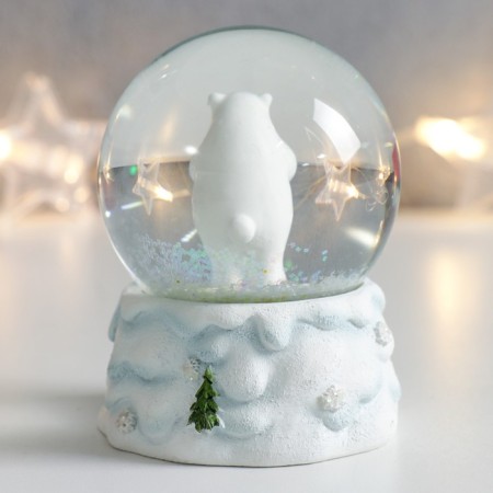 Souvenir Polystone Water Ball "White Bear with a gift" White with silver 7x6.7x8.8 cm-2