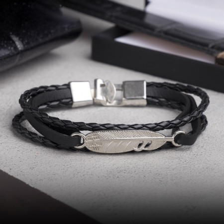 Bracelet Leather "Attack" feather, black color in silver, l = 20.5 cm-3