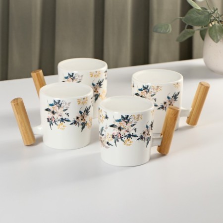 Ceramic tea set "Sakura", 6 items: 4 circles 250 ml, kettle 1 l, tray D = 29 cm, white color-6