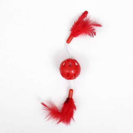 A toy for cats with a bell and feathers "Helicopter", ball 3.8 cm, red-3