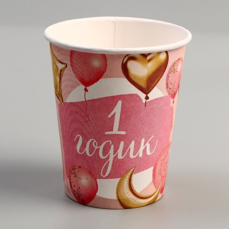 Set of dishes "1 year": napkins 20 pcs., Glasses 6 pcs., Plates 6 pcs., Pink-5