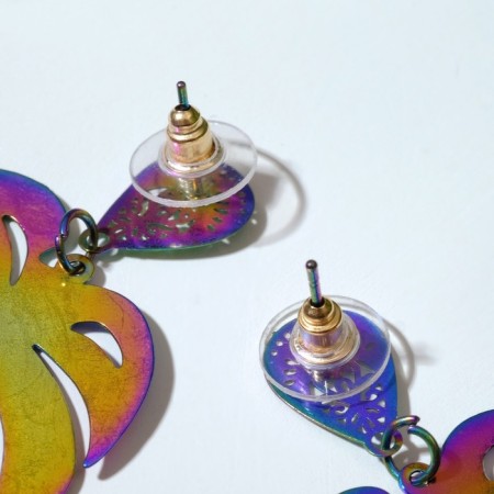 Monster metal earrings leaves, gasoline color-2