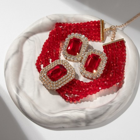 Set 2 items; Earrings, Knock Luxury Large Stone, Red color in gold, 42 cm-3