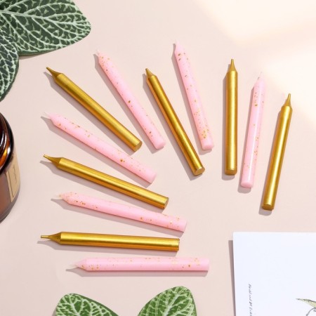 Set of candles for the Cake "Spark", 12 pcs, 8 cm, pink and gold metallic