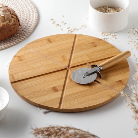 Pizza delivery board, D = 32 cm, complete with a knife, bamboo, stainless steel-1
